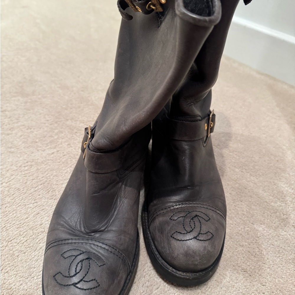 CHANEL Black Combat Moto Boots with Iconic CC Logo